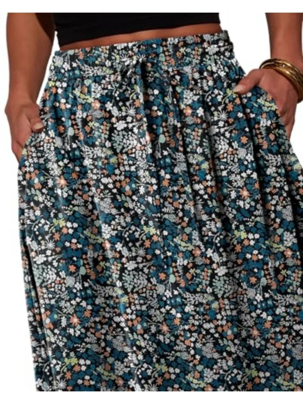 Women's Print Midi Skirt with Pockets Elastic High Waist A-Line Flared Bohemian